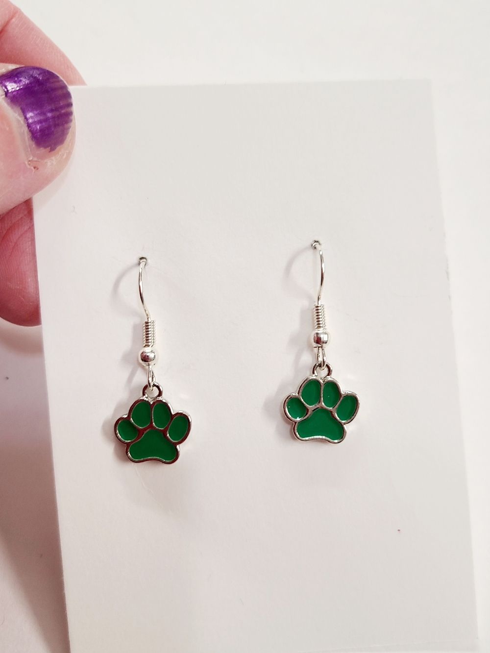 Green Paw Print Dangle Earrings